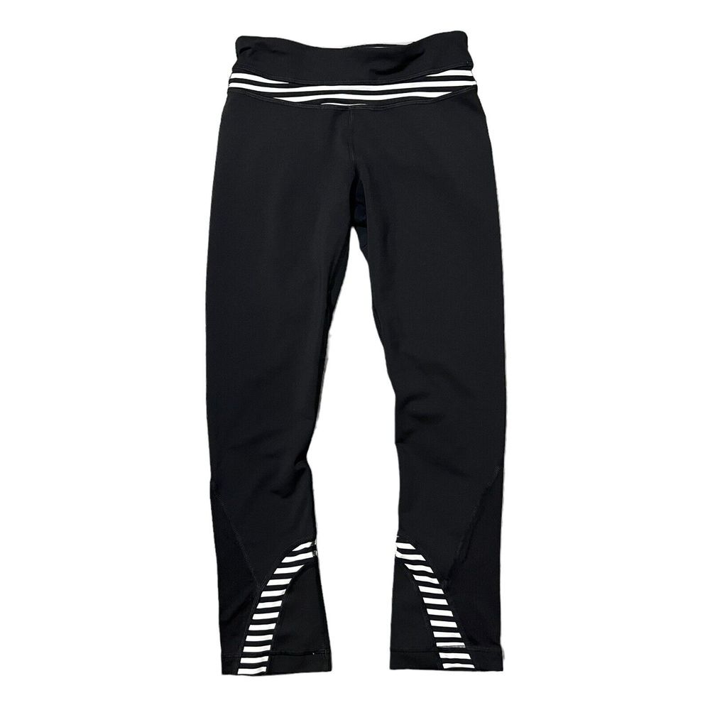 LULULEMON RUN INSPIRE CROP PANT CLASSIC STRIPE BLACK WHITE YOGA DANCE SPIN 2 - Picture 2 of 8
